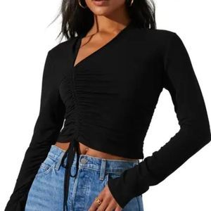 ASTR NWT Asymmetrical Ruched Long Sleeve Top in Black Size S